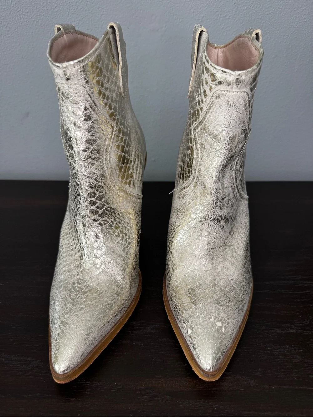 Cecelia New York Python Metallic Wedge Boots Vero Cuoio 9.5 Architectural Heel